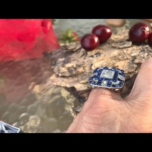 Blue White Crystal Deco Style Ring